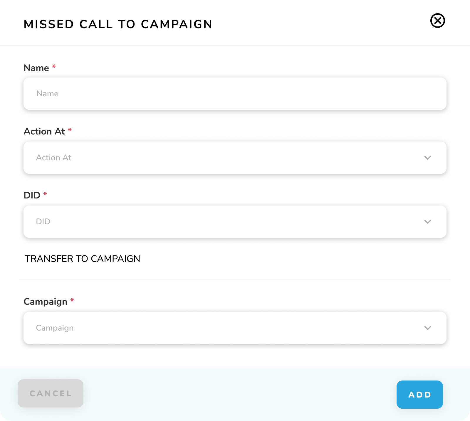 Missed Call to Campaign - Add Popup